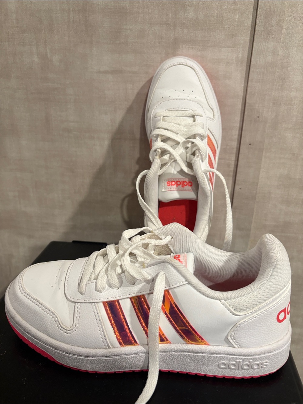 adidas White Sneakers with Metallic Orange and Pink Stripes